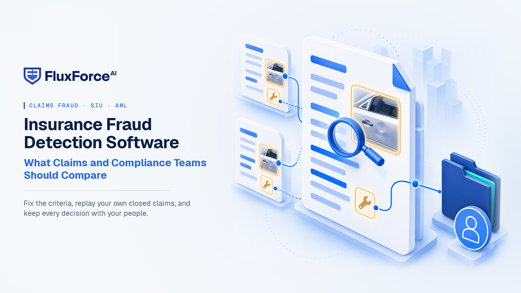 Insurance fraud detection: a claim file linked to two earlier claims that share the same car-door photo and repairer, gathered into one referral folder for an investigator to review